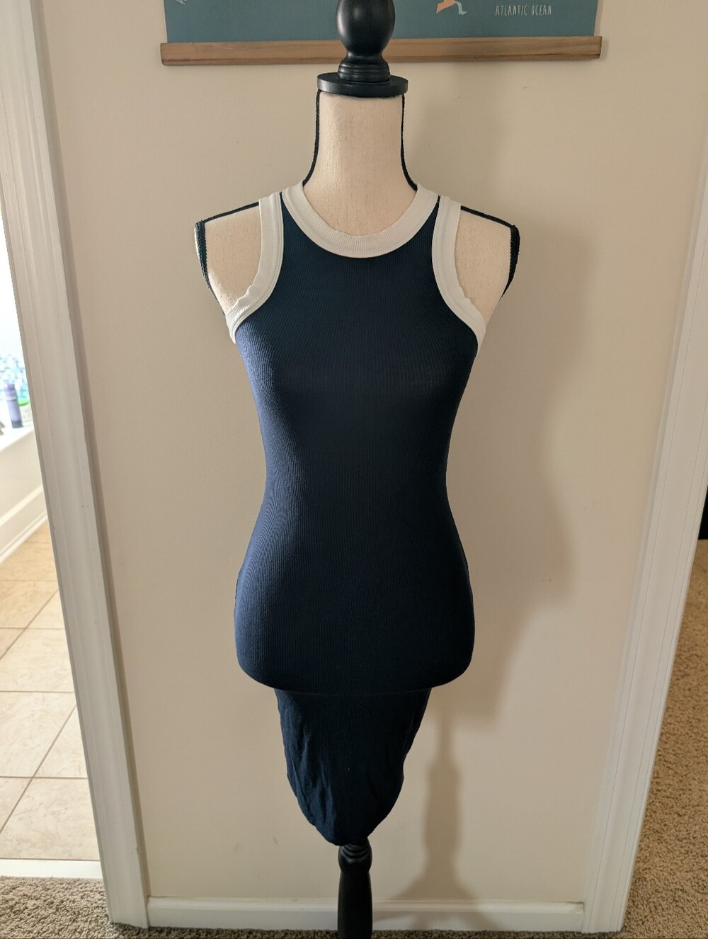 Skims Navy Ribbed Tank dress with White Trim
